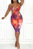 Colour Sexy Print Patchwork Spaghetti Strap Pencil Skirt Dresses