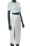 White Fashion Solid Slit O Neck Short Sleeve Two Pieces