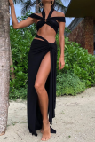 Black Sexy Solid Patchwork Halter Sleeveless Two Pieces
