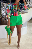 Multicolor Fashion Casual Print Patchwork Turndown Collar Tops