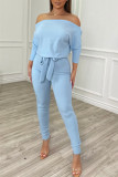 Blue Fashion Casual Solid Basic Oblique Collar Regular Jumpsuits