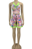 Multicolor Sexy Print Bandage Patchwork Backless Halter Sleeveless Two Pieces