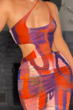 Colour Sexy Print Patchwork Spaghetti Strap Pencil Skirt Dresses