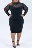 Black Fashion Sexy Solid Patchwork See-through O Neck Long Sleeve Plus Size Dresses