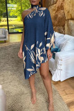 Colour Fashion Casual Print Asymmetrical Turtleneck Long Sleeve Dresses