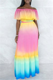 Blue Fashion Casual Gradual Change Print Backless Off the Shoulder Long Dress