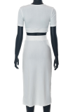 White Fashion Solid Slit O Neck Short Sleeve Two Pieces