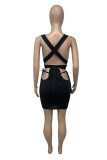 Black Fashion Sexy Solid Hollowed Out Backless Cross Straps V Neck Sleeveless Two Pieces
