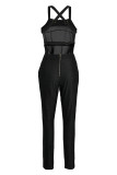 Blue Fashion Casual Solid Patchwork Backless Spaghetti Strap Skinny Jumpsuits