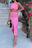 Pink Casual Solid Flounce Halter Sleeveless Two Pieces
