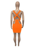 Orange Fashion Sexy Solid Hollowed Out Backless Cross Straps V Neck Sleeveless Two Pieces