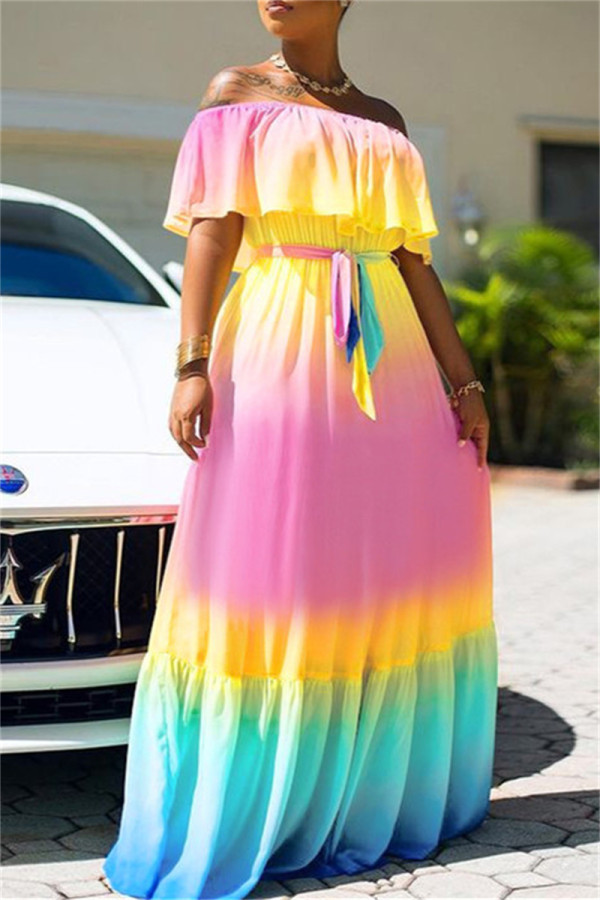 Rose Red Fashion Casual Gradual Change Print Backless Off the Shoulder Long Dress