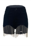 Black Fashion Casual Solid Tassel Patchwork High Waist Regular Denim Shorts