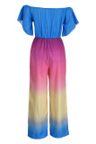 Blue Fashion Casual Gradual Change Solid Patchwork Off the Shoulder Regular Jumpsuits