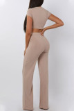 Pink Casual Solid O Neck Short Sleeve Two Pieces