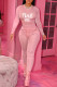 Pink Sexy Print Patchwork O Neck Long Sleeve Two Pieces