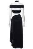 Black Sexy Solid Patchwork Halter Sleeveless Two Pieces