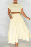 Beige Fashion Casual Solid Patchwork O Neck Short Sleeve Two Pieces