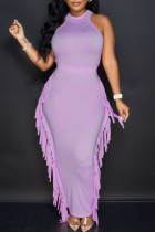 Purple Fashion Casual Solid Tassel Patchwork O Neck Sleeveless Dress