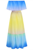 Blue Fashion Casual Gradual Change Print Backless Off the Shoulder Long Dress