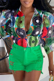 Multicolor Fashion Casual Print Patchwork Turndown Collar Tops