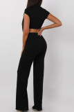 Pink Casual Solid O Neck Short Sleeve Two Pieces