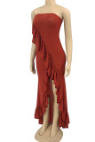 Rust Red Sexy Solid Patchwork Flounce Asymmetrical Strapless Irregular Dress Dresses