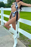 Black Fashion Sexy Print Tassel Hollowed Out Backless Swimwears (Without Paddings)