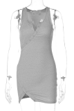 Blue Sexy Solid Buckle V Neck Irregular Dress Dresses