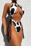 Black Fashion Sexy Print Tassel Hollowed Out Backless Swimwears (Without Paddings)