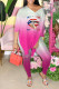 Pink Casual Gradual Change Print Patchwork Slit V Neck Short Sleeve Two Pieces