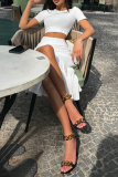 White Fashion Solid Slit O Neck Short Sleeve Two Pieces