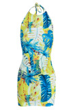Blue Fashion Sexy Print Bandage Backless Halter Sleeveless Dress Dresses