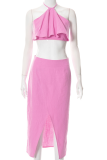 Pink Casual Solid Flounce Halter Sleeveless Two Pieces
