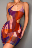 Colour Sexy Print Patchwork Spaghetti Strap Pencil Skirt Dresses