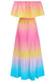 Blue Fashion Casual Gradual Change Print Backless Off the Shoulder Long Dress