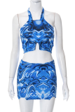 Blue Sexy Print Patchwork Halter Sleeveless Two Pieces
