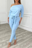 Blue Fashion Casual Solid Basic Oblique Collar Regular Jumpsuits
