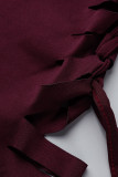 Burgundy Sexy Solid Ripped Hollowed Out Patchwork Oblique Collar Pencil Skirt Dresses