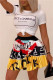 Yellow Fashion Casual Print Basic O Neck Short Sleeve Two Pieces