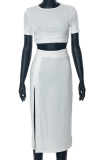 White Fashion Solid Slit O Neck Short Sleeve Two Pieces