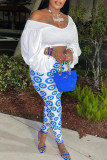 White Fashion Casual Print Patchwork V Neck Long Sleeve Two Pieces