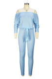 Blue Fashion Casual Solid Basic Oblique Collar Regular Jumpsuits