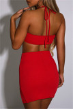 Red Fashion Sexy Solid Bandage Backless Slit Strapless Sleeveless Two Pieces