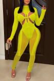 Yellow Sexy Solid Hollowed Out Patchwork See-through O Neck Regular Jumpsuits