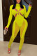 Yellow Sexy Solid Hollowed Out Patchwork See-through O Neck Regular Jumpsuits