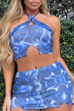 Blue Sexy Print Patchwork Halter Sleeveless Two Pieces