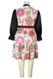 Multicolor Fashion Casual Print Patchwork With Belt O Neck Long Sleeve Plus Size Dresses