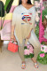 Khaki Casual Gradual Change Print Patchwork Slit V Neck Short Sleeve Two Pieces