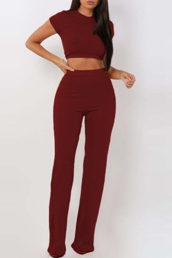 Burgundy Casual Solid O Neck Short Sleeve Two Pieces